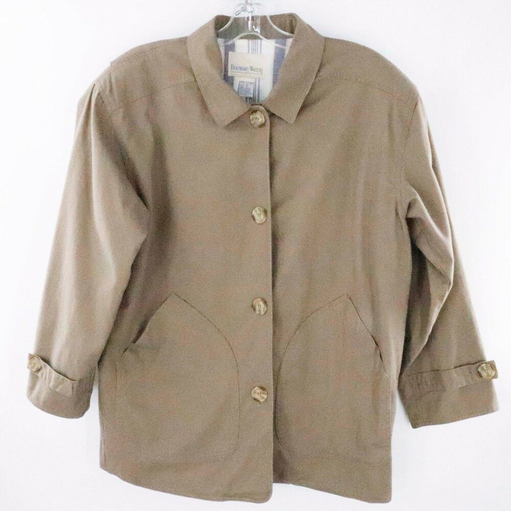 Vtg Boundary Waters Jacket Women Small Oversized Tan Brown Ticking Lined Pockets